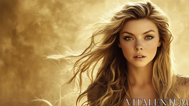 Golden hour portrait with windblown blonde hair glow.