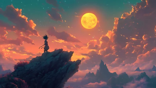 Cinematic digital painting of lone warrior under lunar sky.