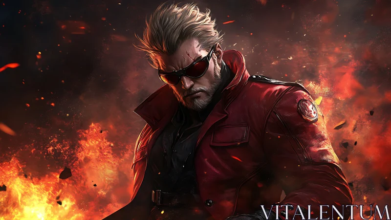 Cyber-noir antihero in red coat emerges from explosive inferno