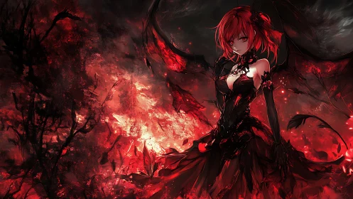 Red haired anime woman stands in chaotic red landscape