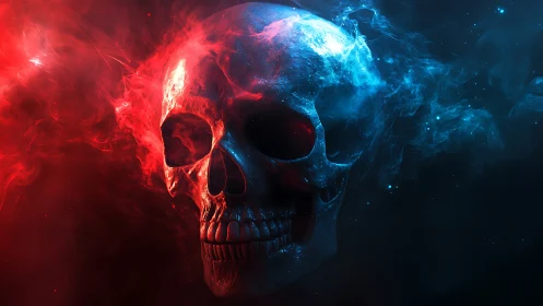 Bilateral neon skull rendered in high-contrast volumetric lighting