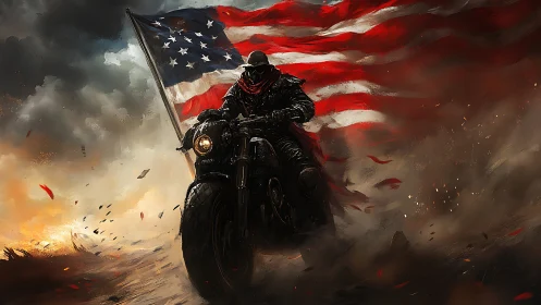 Armored biker advances through storm with dynamic US flag backdrop