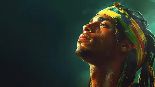 Vivid portrait of man in colorful headband looking upward.