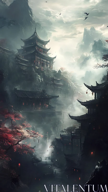 Digital painting of misty tiered mountain temples at dusk.