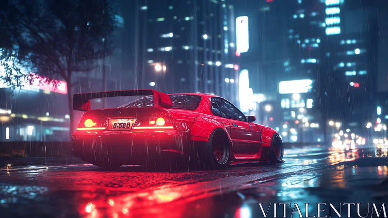 Red tuner car idles in neon-soaked rainy cyberpunk avenue