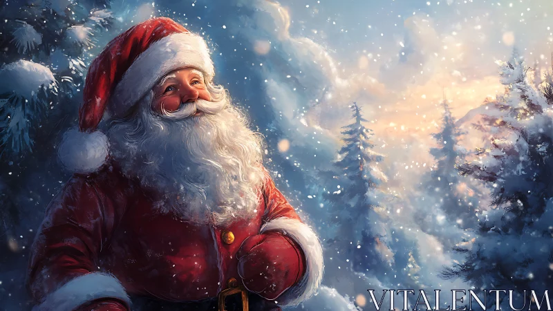 Santa Claus smiles warmly in a snowy twilight forest