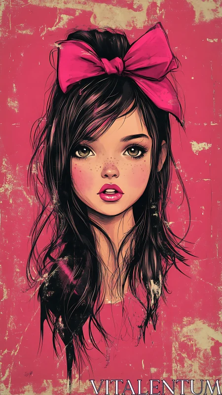 Big pink bow crowns a freckled daydream in scratched neon