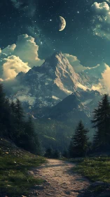 Moonlit alpine titan crowned by clouds and starlit whispers.