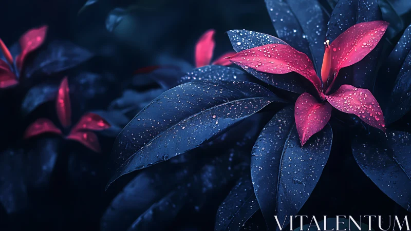 Magenta Blossom with Dew Droplets on Indigo Foliage Background