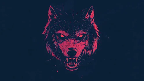 Neon wolf head snarls with intense, electric ferocity.
