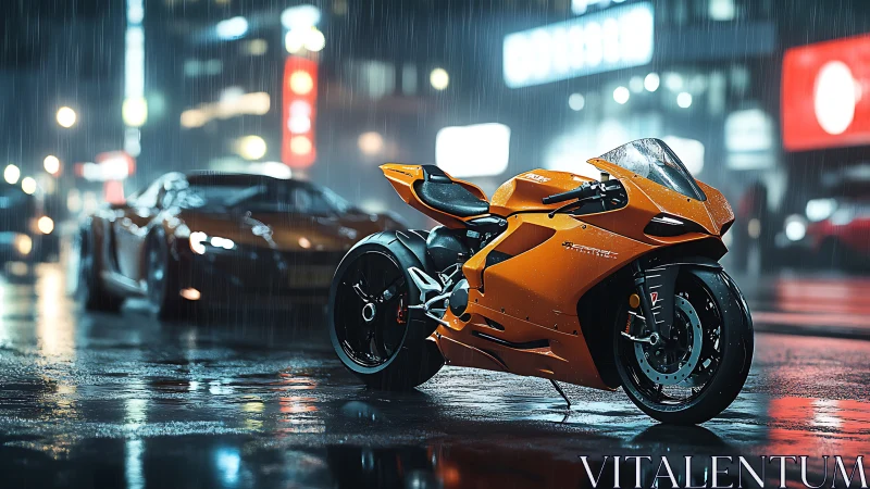 Orange sport motorcycle stands on wet city street at night