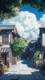 Sunlit anime alley in quiet traditional Japanese town.