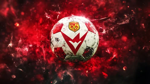Dynamic soccer ball rendered amid red energy particle vortex field