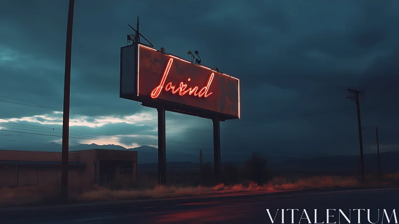 Neon roadside billboard in cinematic dusk environment, digital painting.