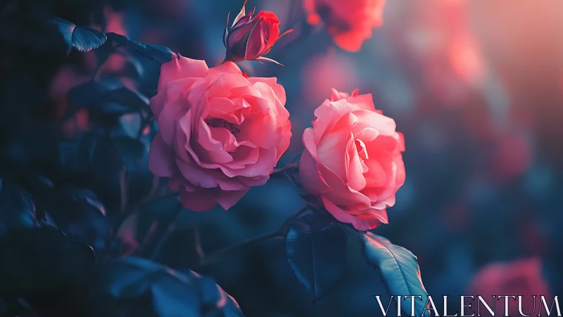 Luminescent Pink Roses With Chromatic Aberration And Bokeh Depth