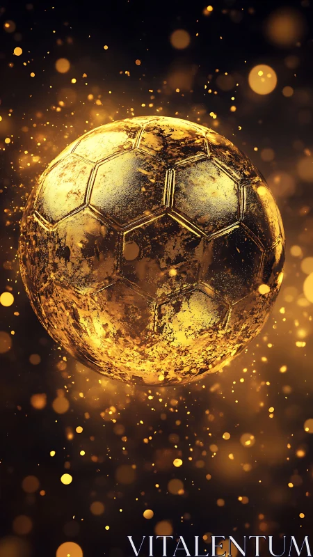 Golden textured soccer ball floats amid glowing particles
