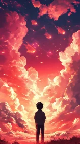 Dreamy sunset sky with a lone silhouette watching in wonder.