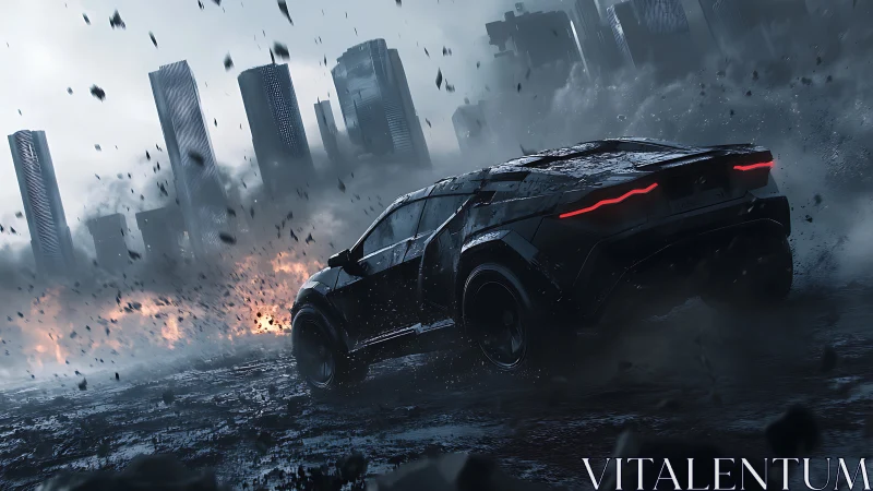 Futuristic armored car races through ruined cityscape.