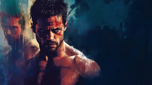 Storm-lit fighter gazes forward with raw determined focus