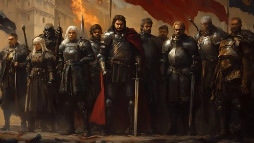 Battle-scarred knight brigade beneath burning war banners.