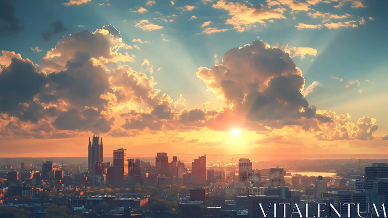 Urban skyline under cinematic backlit sunset cloudscape.