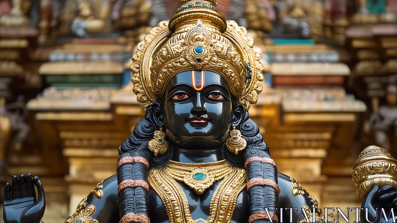 Detailed black stone Hindu deity statue with gold ornaments.