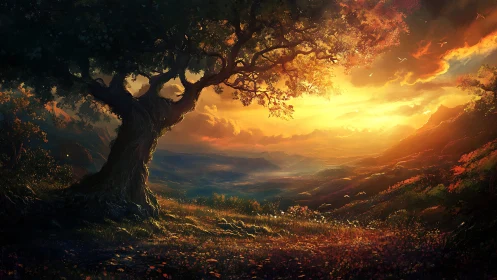 Ancient tree overlooks a glowing valley at enchanted sunset