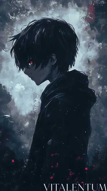 Dark-haired boy with glowing red eyes amid storm haze.