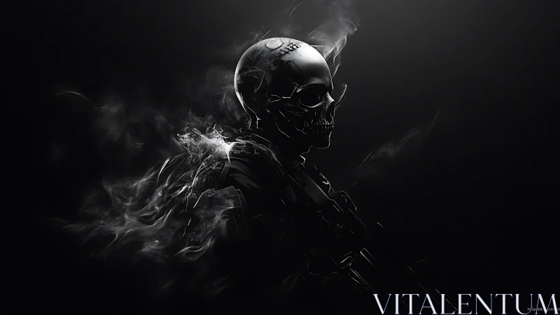 Smoke-sculpted skull stalks the void with metallic silence