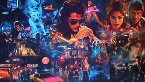 Neon-lit urban collage presents layered retro crime scenes