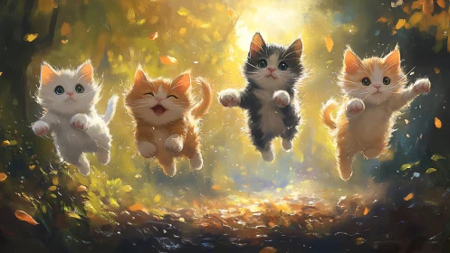 Four Kittens Playing in Autumn Light.