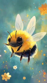 Stylized digital illustration of a fuzzy bee in flight.