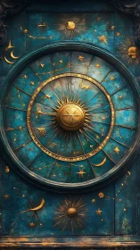 Digital celestial astrolabe panel with gilded zodiac reliefs.