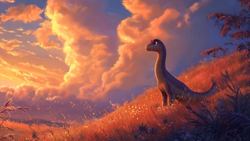 Cartoon dinosaur stands on sunlit hillside under vivid clouds