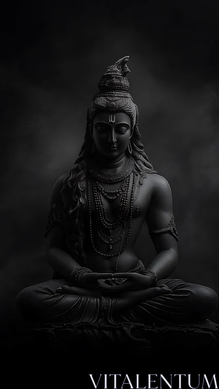 Serene Shiva statue in meditative darkness with sculpted detail.
