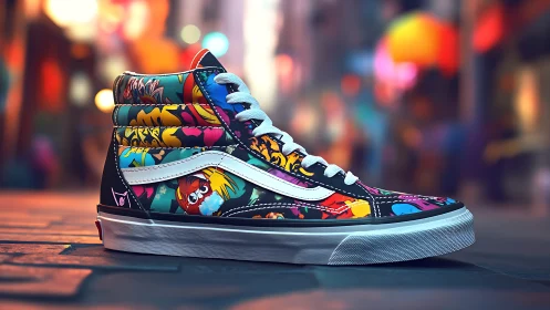 High-top sneaker with multicolor comic graphics in street scene.