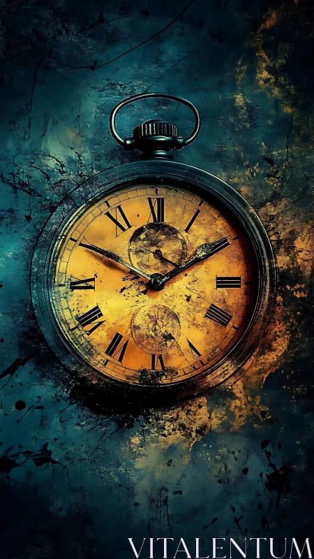 Vintage pocket watch glowing in a storm of color and time.