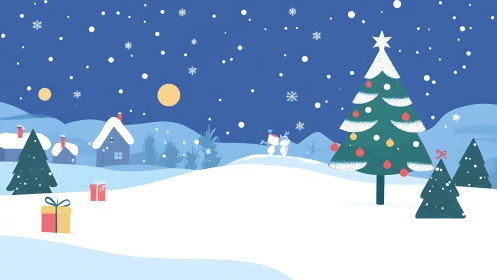 Minimalist snowy village with decorated Christmas fir tree