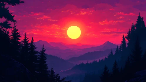 Neon-gradient sun sets behind layered coniferous mountain ridges