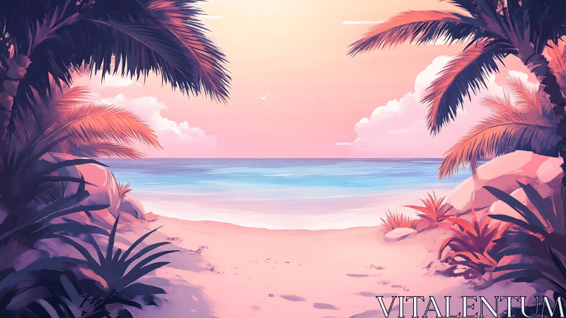 Tropical Beach Sunset with Framing Palms and Gradient Sky