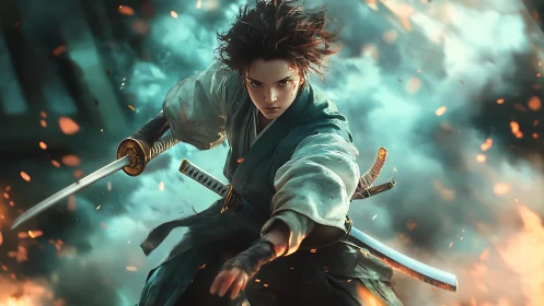 Young samurai warrior lunges forward through burning embers