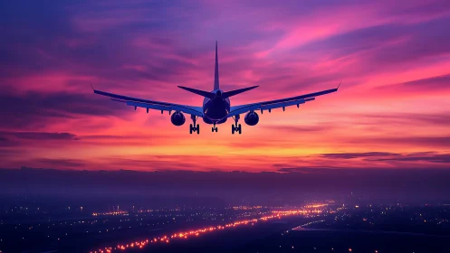 Jetliner skims twilight ribbons as runway constellations glow