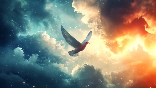 White dove in dramatic blue and orange glowing sky.