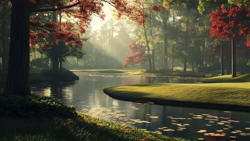 Sunlit river bend with layered foliage and soft volumetric haze