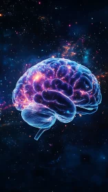 Luminescent neural brain model suspended within deep cosmic void