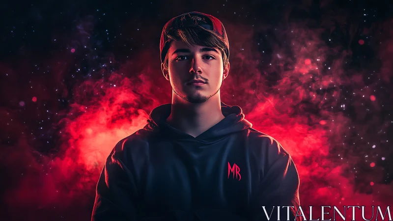 Portrait of young man in hoodie amid red smoke field.