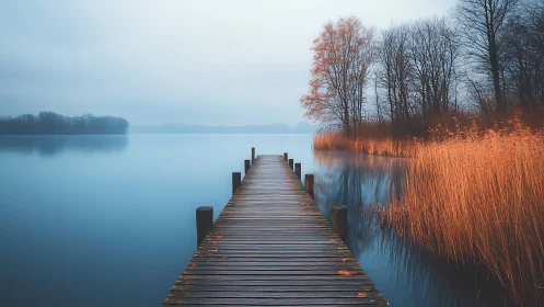 Photorealistic lakeside pier with misty horizon symmetry.