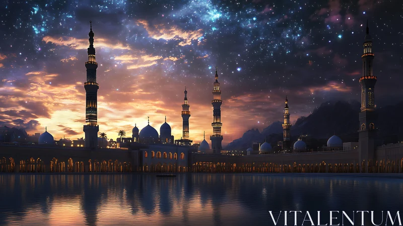 Grand mosque skyline under vivid starry twilight sky.