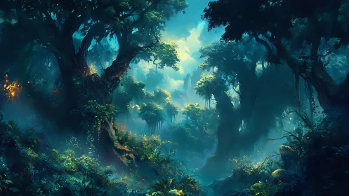 Luminescent Forest Canyon: Digital Landscape with Bioluminescent Canopy Architecture.