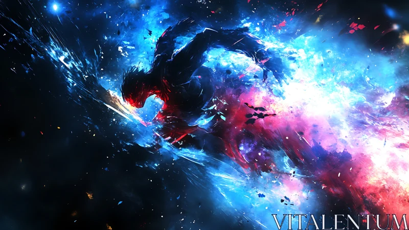 Cosmic humanoid silhouette colliding through nebular energy field